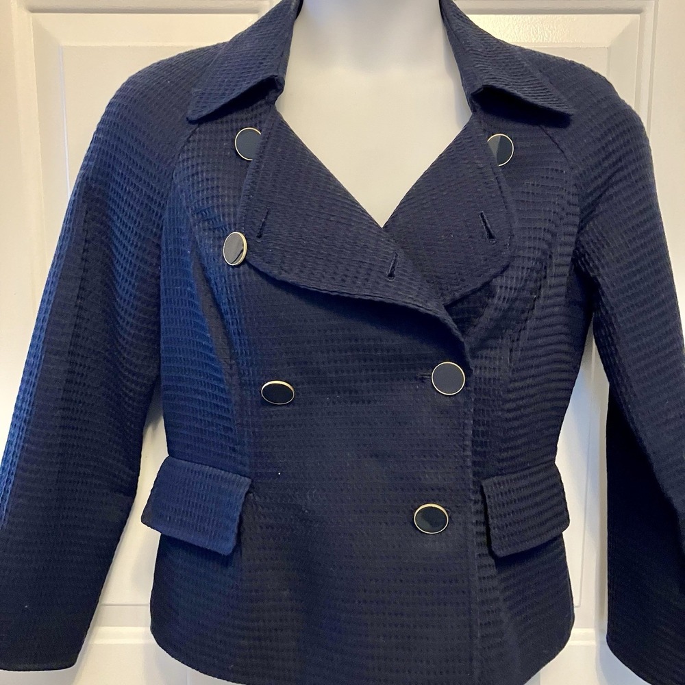 Talbots Blazer 12P Navy Blue‎ Double Breasted Jacket Career Cotton Women's